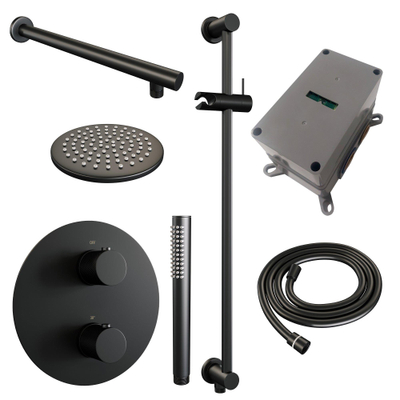 BRAUER Black Carving thermostatische Inbouw Regendouche - 3-weg - rond - set 85 - 20cm hoofddouche - rechte muurarm - staaf handdouche - doucheslang - geïntegreerde glijstang - mat zwart