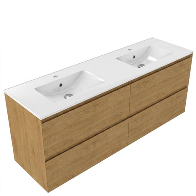 Saniclass Holz Pure Ensemble de meubles de salle de bains - 160x45x62cm - Lavabo Vygo en céramique blanc - 2 vasques - 2 trous de robinetterie - 4 tiroirs - chêne natural mat (bois)