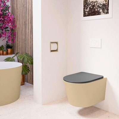 Mondiaz LAVIE hangtoilet – spoelrandloos – 36 x 53 cm – met softclose zitting – Sand (beige), zitting Dark grey (grijs)