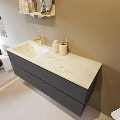 Mondiaz VICA-DLUX Ensemble de meuble de salle de bain - 130cm - meuble sous-vasque gris foncé - 2 tiroirs - lavabo encastré cloud gauche - 1 trou de robinet - version haute de 60cm - opalo