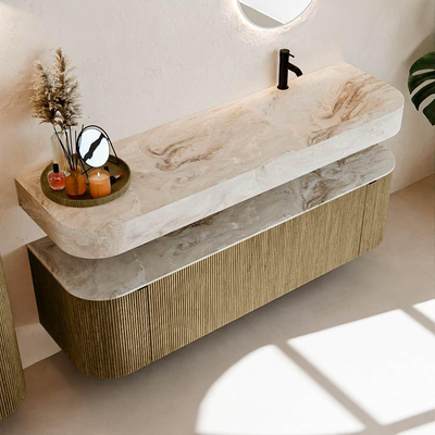 MONDIAZ THOR-DLUX Meuble de salle de bains 160cm arrondi gauche + droite couleur Dusk avec 1 tiroir et 2 portes. Vasque suspendue CLOUD Droite 1 trou de robinet couleur Frappe.