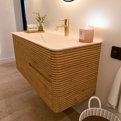 Mondiaz CIRO-DLUX Badkamermeubelset - 110x45x50cm - Solid surface wastafel Meli - 1 wasbak Rechts - 1 kraangat - 2 lades - Oak