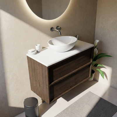 Saniclass Holz Frame Ensemble de meuble de salle de bains - 100x45x62.5cm - Plan de toilette Torino en solid surface blanc - sans trou de robinetterie - 2 tiroirs - chêne charcoal mat (bois)