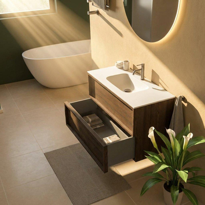 Saniclass Holz Frame Ensemble meuble de salle de bains - 100x45x61.5cm - Flow lavabo en solid surface blanc - 1 vasque - 1 trou de robinet - 2 tiroirs - chêne charcoal mat (bois)