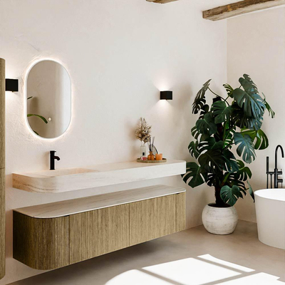 MONDIAZ THOR-DLUX 180cm meuble de salle de bains arrondi gauche + droite couleur Dusk avec 2 tiroirs et 2 portes. Vasque suspendue CLOUD Gauche 1 trou de robinet couleur Meli.