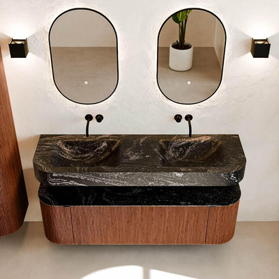 MONDIAZ THOR-DLUX 150cm meuble de salle de bains arrondi gauche + droite couleur Ruby avec 1 tiroir et 2 portes. Vasque suspendue CLOUD Double sans trou de robinet couleur Lava.