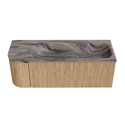 MONDIAZ KURVE-DLUX Meuble de salle de bains 125cm arrondi à gauche couleur Oak avec 1 tiroir et 1 porte. Lavabo BIG MEDIUM à droite 1 trou de robinet Sombra.