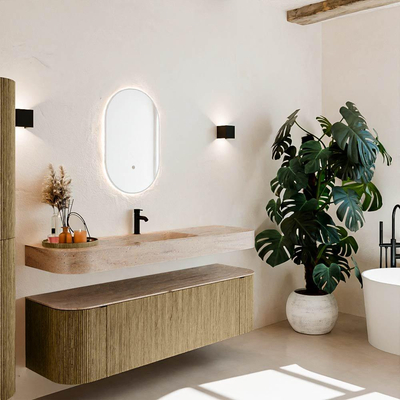 MONDIAZ THOR-DLUX 160cm meuble de salle de bains arrondi gauche + droite couleur Dusk avec 1 tiroir et 2 portes. Vasque suspendue CLOUD Milieu 1 trou de robinet couleur Saba.