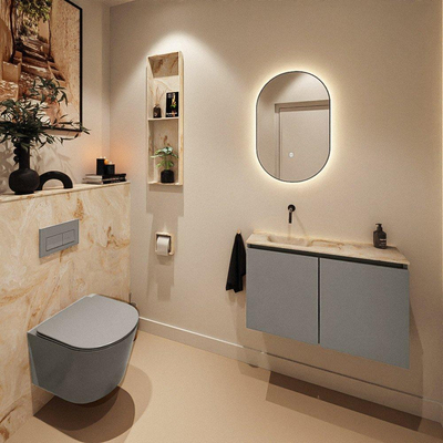 MONDIAZ TURE-DLUX Meuble toilette - 80cm - Smoke - EDEN - vasque Frappe - position gauche - sans trou de robinet