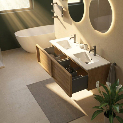 Saniclass Holz Frame Ensemble de meubles de salle de bains - 140x45x42cm - lavabo Vygo en céramique blanc - 2 vasques - 2 trous de robinet - 2 tiroirs - chêne natural brillant (bois)
