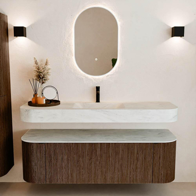 MONDIAZ THOR-DLUX 150cm meuble de salle de bains arrondi gauche + droite couleur Walnut avec 1 tiroir et 2 portes. Vasque suspendue CLOUD Milieu 1 trou de robinet couleur Opalo.