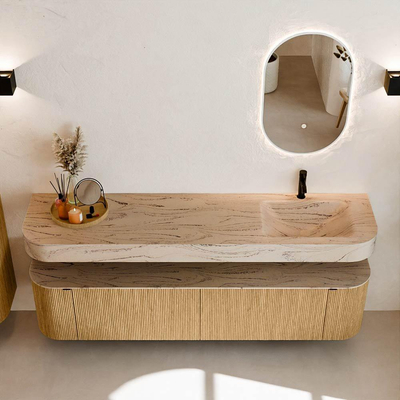 MONDIAZ THOR-DLUX 190cm badmeubel ronding links + rechts kleur Oak met 2 lades en 2 deuren. Vrijhangende wastafel CLOUD Rechts 1 kraangat kleur Arena.