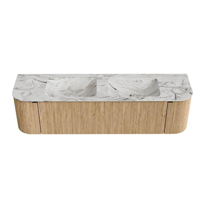 MONDIAZ KURVE-DLUX 170cm badmeubel met module 25 Len R kleur Oak met 1 lade en 2 deuren. Wastafel LEAF dubbel zonder kraangat kleur Glace.