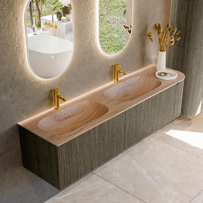 MONDIAZ KURVE-DLUX meuble de salle de bains 175cm arrondi à droite couleur Shadow avec 2 tiroirs et 1 porte. Plan-vasque STOR SMALL double / gauche 2 trous de robinet Saba.