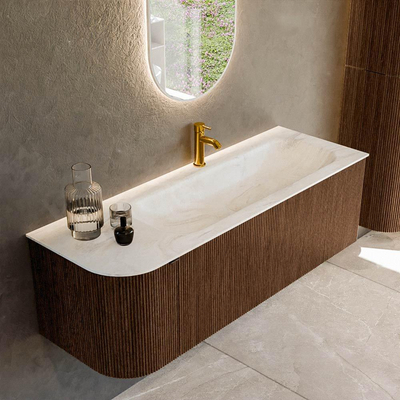 MONDIAZ KURVE-DLUX 135cm badmeubel met module 25 L kleur Walnut met 1 lade en 1 deur. Wastafel BIG MEDIUM rechts 1 kraangat kleur Ostra.