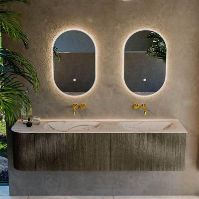 MONDIAZ KURVE-DLUX Meuble de salle de bains 175cm arrondi à gauche couleur Shadow avec 2 tiroirs et 1 porte. Lavabo STOR SMALL Double / Droite sans trou de robinet Nata.