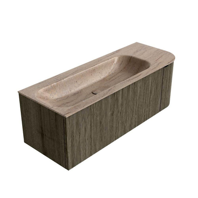 MONDIAZ KURVE-DLUX Meuble de salle de bains 125cm arrondi à droite couleur Shadow avec 1 tiroir et 1 porte. Lavabo BIG MEDIUM à gauche sans trou de robinet Saba.