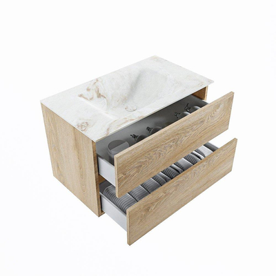 MONDIAZ VICA-DLUX Badkamermeubelset - 80cm - onderkast washed oak - 2 lades - inbouw wastafel cloud midden - 1 kraangat - 60cm hoge versie - frape