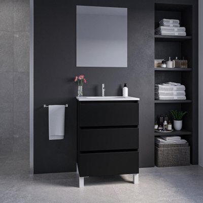 Adema Chaci PLUS Ensemble de meuble - 59.5x86x45.9cm - 1 vasque ovale en céramique Blanc - 1 trou de robinet - 3 tiroirs - miroir rectangulaire - Noir mat