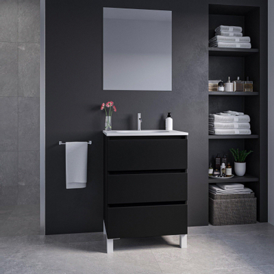 Saniclass Chaci PLUS Meuble de salle de bain - 60x86x46cm - lavabo en céramique blanc - 1 vasque ovale - 1 trou de robinet - 3 tiroirs - miroir rectangulaire - noir mat