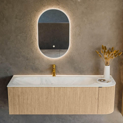 MONDIAZ KURVE-DLUX meuble de salle de bains 145 cm avec module 25 R couleur Oak avec 1 tiroir et 1 porte. Lavabo BIG LARGE gauche 1 trou de robinet couleur Opalo.