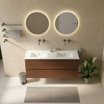 Saniclass Holz Pure Ensemble de meubles de salle de bains - 140x45x62cm - lavabo Vygo en céramique blanc - 2 vasques - sans trous de robinetterie - 4 tiroirs - brillant walnut pure (bois)