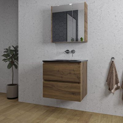 Saniclass Chaci Meuble de salle de bain - 60x46x55cm - lavabo en céramique noir - 1 vasque - sans trou de robinet - 2 tiroirs - armoire miroir - noyer (hout)