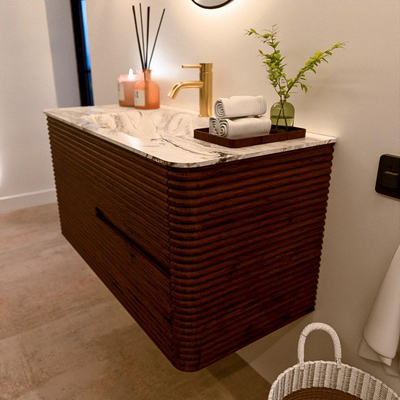 Mondiaz CIRO-DLUX Badkamermeubelset - 100x45x50cm - Solid surface wastafel Glace - 1 wasbak Midden - 1 kraangat - 2 lades - Ruby