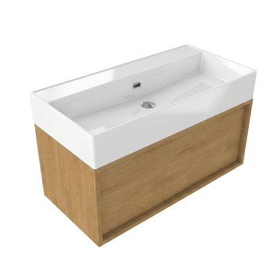 Saniclass Holz Frame Ensemble de meubles de salle de bains - 100x45x52cm - Legend lavabo en céramique blanc - 1 vasque - 2 trous de robinetterie - 1 tiroir - chêne natural mat (bois)