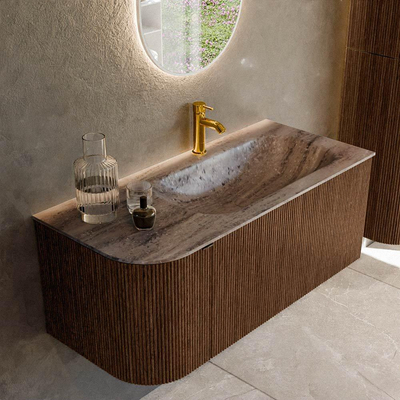 MONDIAZ KURVE-DLUX 105cm badmeubel ronding Links kleur Walnut met 1 lade en 1 deur. Wastafel BIG SMALL Rechts 1 kraangat Oza.