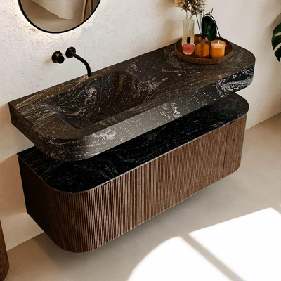 MONDIAZ THOR-DLUX 130cm meuble de salle de bains arrondi gauche + droite couleur Walnut avec 1 tiroir et 2 portes. Vasque suspendue CLOUD Gauche sans trou de robinet couleur Lava.