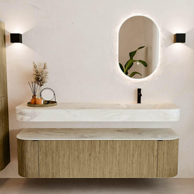 MONDIAZ THOR-DLUX Meuble de salle de bains 170cm arrondi gauche + droite couleur Dusk avec 1 tiroir et 2 portes. Vasque suspendue CLOUD Droite 1 trou de robinet couleur Ostra.