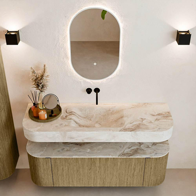 MONDIAZ THOR-DLUX Meuble de salle de bains - 140cm - arrondi gauche + droite - couleur Dusk - 1 tiroir - 2 portes - Vasque suspendue CLOUD Milieu sans trou de robinet - couleur Frappe