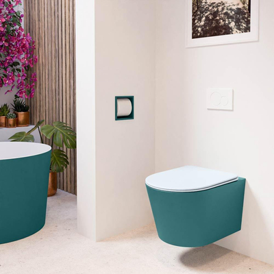 Mondiaz LAVIE hangtoilet – spoelrandloos – 36 x 53 cm – met softclose zitting – Smag (groen), zitting Clay (lichtblauw/grijs)