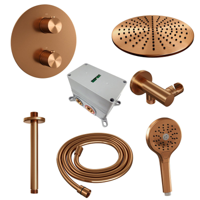 BRAUER Copper Carving thermostatische Inbouw Regendouche - 3-weg - rond - set 84 - 30cm hoofddouche - plafondarm - 3-standen handdouche - doucheslang - wandaansluitbocht - koper geborsteld PVD