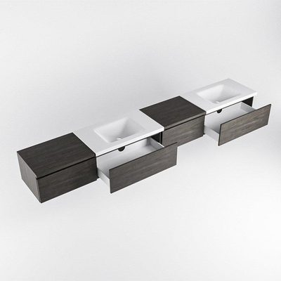 MONDIAZ BUKLA 280cm ensemble de meuble avec module 60 à droite couleur Marron Foncé avec 4 tiroirs. Lavabo CLOUD double 0 trou de robinet couleur Talc.