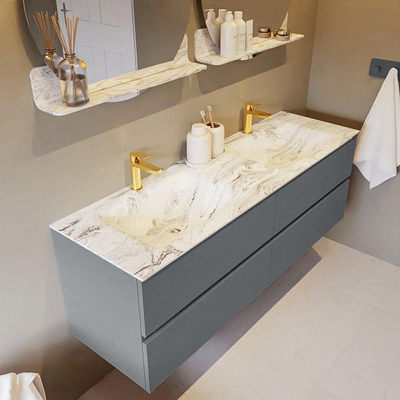 MONDIAZ VICA-DLUX Badkamermeubelset - 150cm - onderkast plata - 4 lades - inbouw wastafel cloud dubbel - 2 kraangaten - 60cm hoge versie - glace