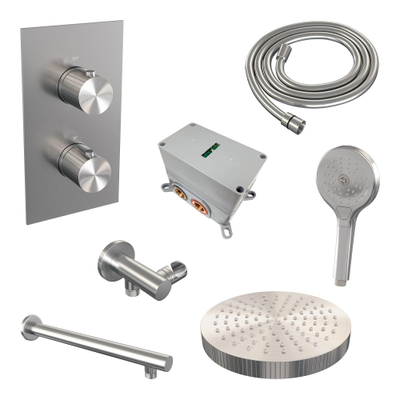 BRAUER Stripe Thermostatische Inbouw Regendouche - 3-weg - rechthoekig - SET 16 - 25cm douchekop - rechte muurarm - 3-standen handdouche - doucheslang - wandaansluitbocht - RVS-kleurig geborsteld PVD
