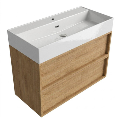 Saniclass Holz Frame Ensemble meuble de salle de bains - 100x45x72cm - Legend lavabo en céramique blanc - 1 vasque - 1 trou de robinetterie - 2 tiroirs - chêne natural mat (bois)