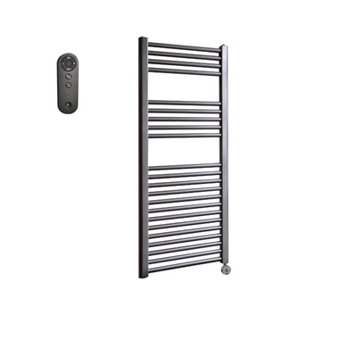 Sanicare HVS Elektrische Radiator - 111.8x45cm - 596W - met afstandsbediening - thermostaat - chroom - rechtsonder - gunmetal (antraciet)