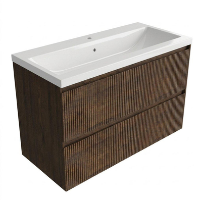 Saniclass Holz Atelier Ensemble meuble de salle de bains - 100x45x63.5cm - Bari lavabo en céramique blanc - 1 vasque - 1 trou de robinet - 2 tiroirs - chêne charcoal mat (bois)