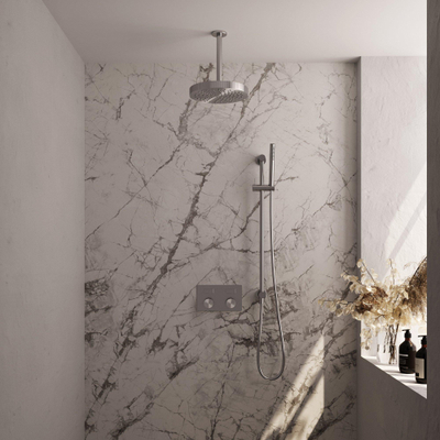 BRAUER Stripe Douche de tête thermostatique encastrable - boutons-poussoirs - pomme de douche 25cm - bras plafond - douchette à main avec barre coulissante intégrée - flexible de douche - finition PVD brossée couleur inox