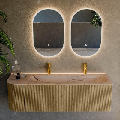 MONDIAZ KURVE-DLUX Meuble de salle de bains 145cm arrondi à gauche couleur Dusk avec 1 tiroir et 1 porte. Lavabo BIG LARGE à droite 2 trous de robinet Arena.