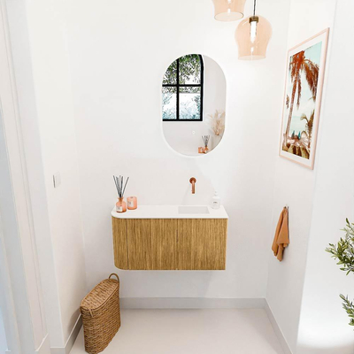 Mondiaz JOYA 81.6cm toiletmeubel - ronding links kleur Oak - Wastafel FAYE positie Rechts Zonder kraangat kleur Talc.
