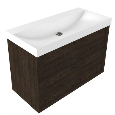 Saniclass Holz Frame Ensemble de meubles de salle de bains - 100x45x67.5cm - Wave lavabo en céramique - 1 vasque - sans trou de robinetterie - 2 tiroirs - chêne charcoal mat (bois)
