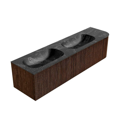 MONDIAZ KURVE-DLUX 175cm badmeubel met module 25 R kleur Walnut met 2 lades en 1 deur. Wastafel STOR SMALL dubbel / links 2 kraangaten kleur Lava.