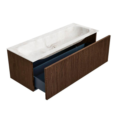 MONDIAZ KURVE-DLUX meuble de salle de bains 120 cm couleur Walnut avec 1 tiroir. Lavabo BIG LARGE central sans trou de robinet couleur Frappe.