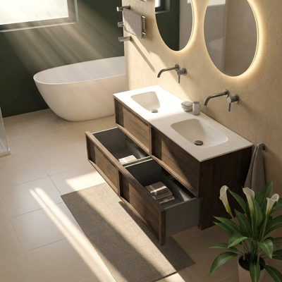 Saniclass Holz Frame Ensemble de meubles de salle de bains - 140x45x61.5cm - Lavabo Flow en solid surface blanc - 2 vasques - sans trous de robinetterie - 4 tiroirs - chêne charcoal mat (bois)