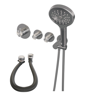 Brauer Brushed Carving Robinet baignoire thermostatique avec douchette ronde 3 jets et support Inox brossé PVD