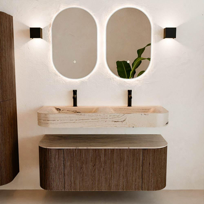 MONDIAZ THOR-DLUX 120cm badmeubel ronding links + rechts kleur Walnut met 1 lade en 2 deuren. Vrijhangende wastafel CLOUD Dubbel 2 kraangaten kleur Arena.